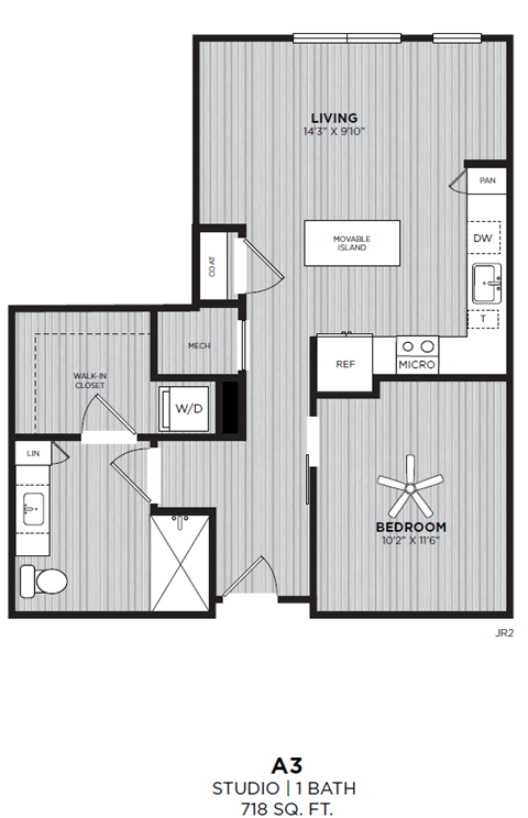 Floor plan for 1 bed, 1 bath, 718 sqft